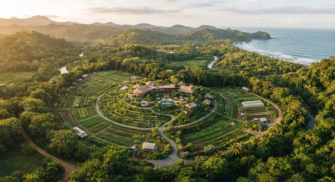 An aerial view of the organic farm woven into surrounding native forest.