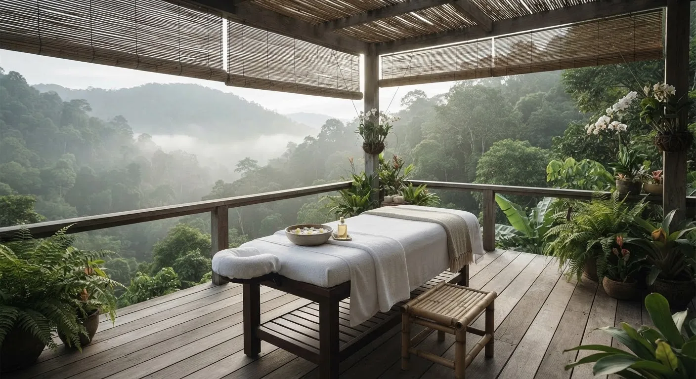 A minimalist wooden spa deck overlooking a mist-covered valley.