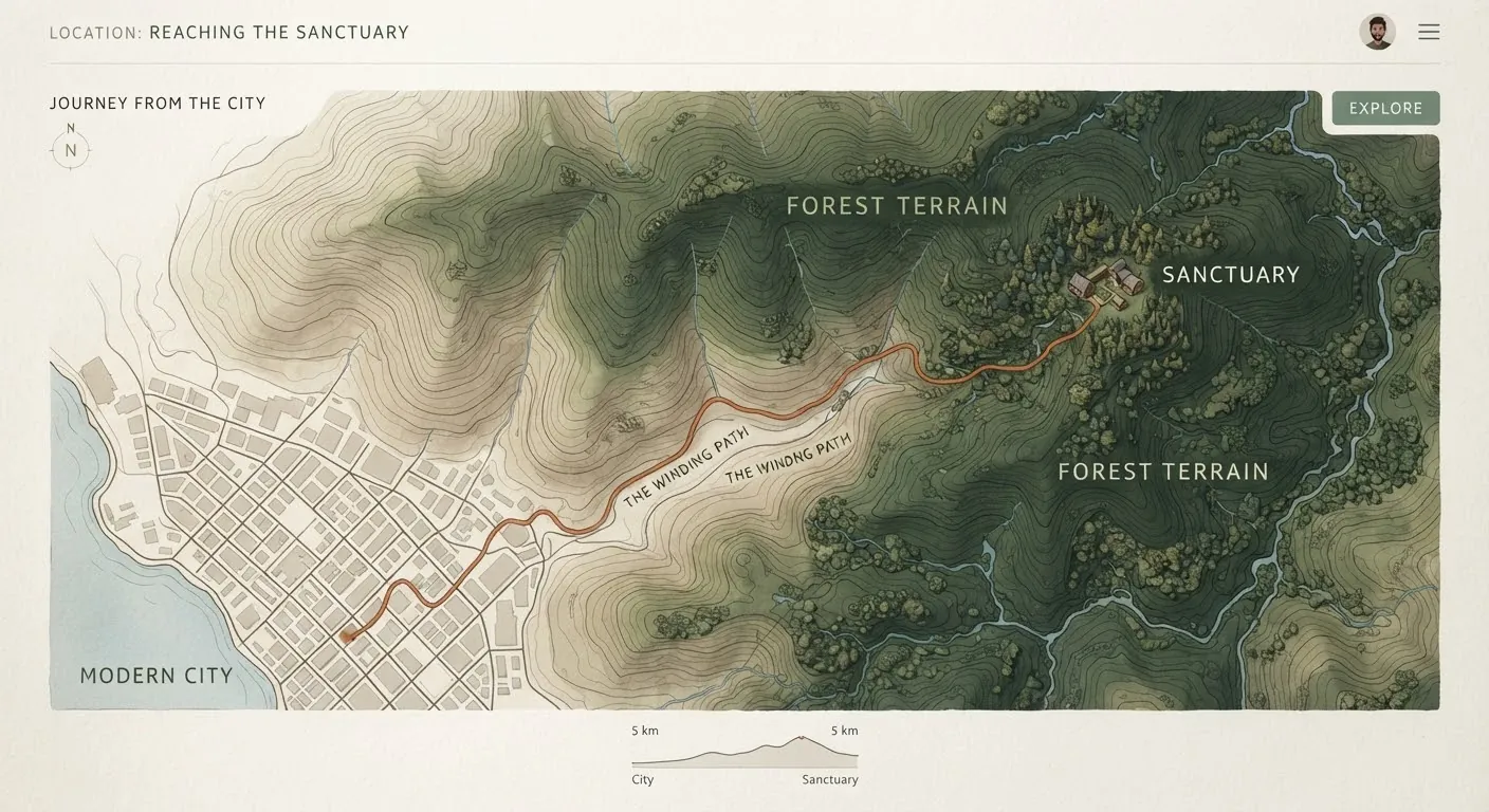 A stylised topographic map showing the winding approach to the estate.