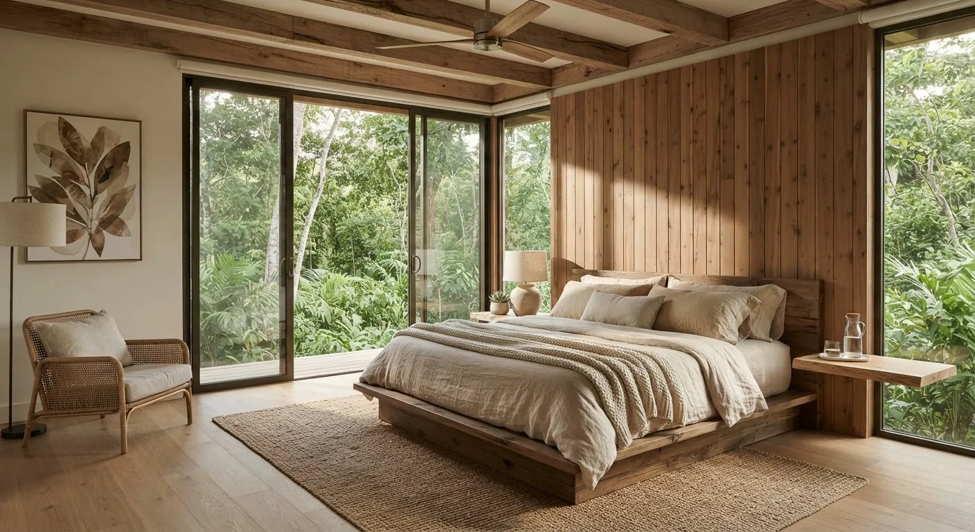 A minimalist bedroom finished in raw timber and natural linen.