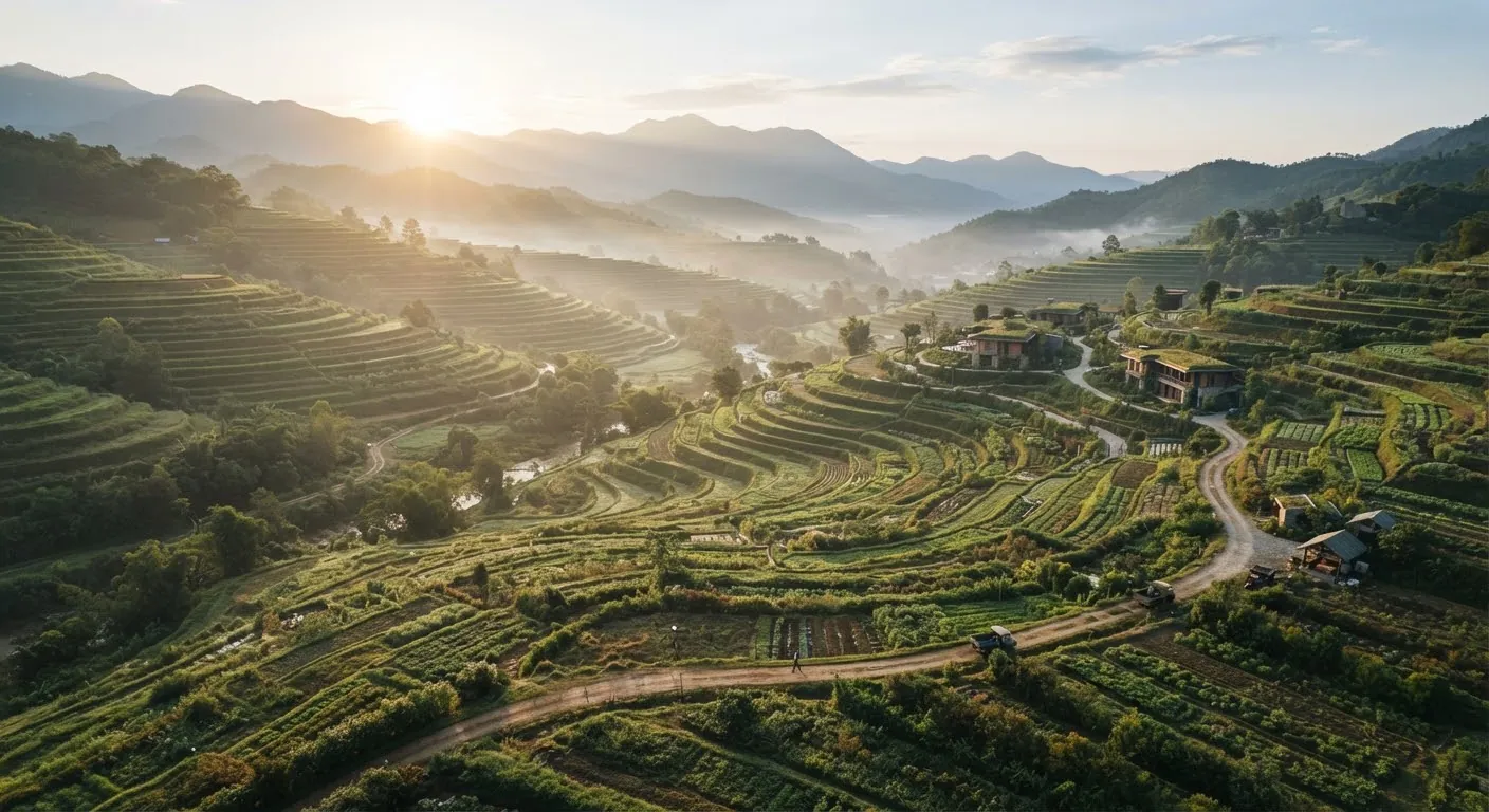Mist-covered organic farm terraces stretching across the hillside at dawn.